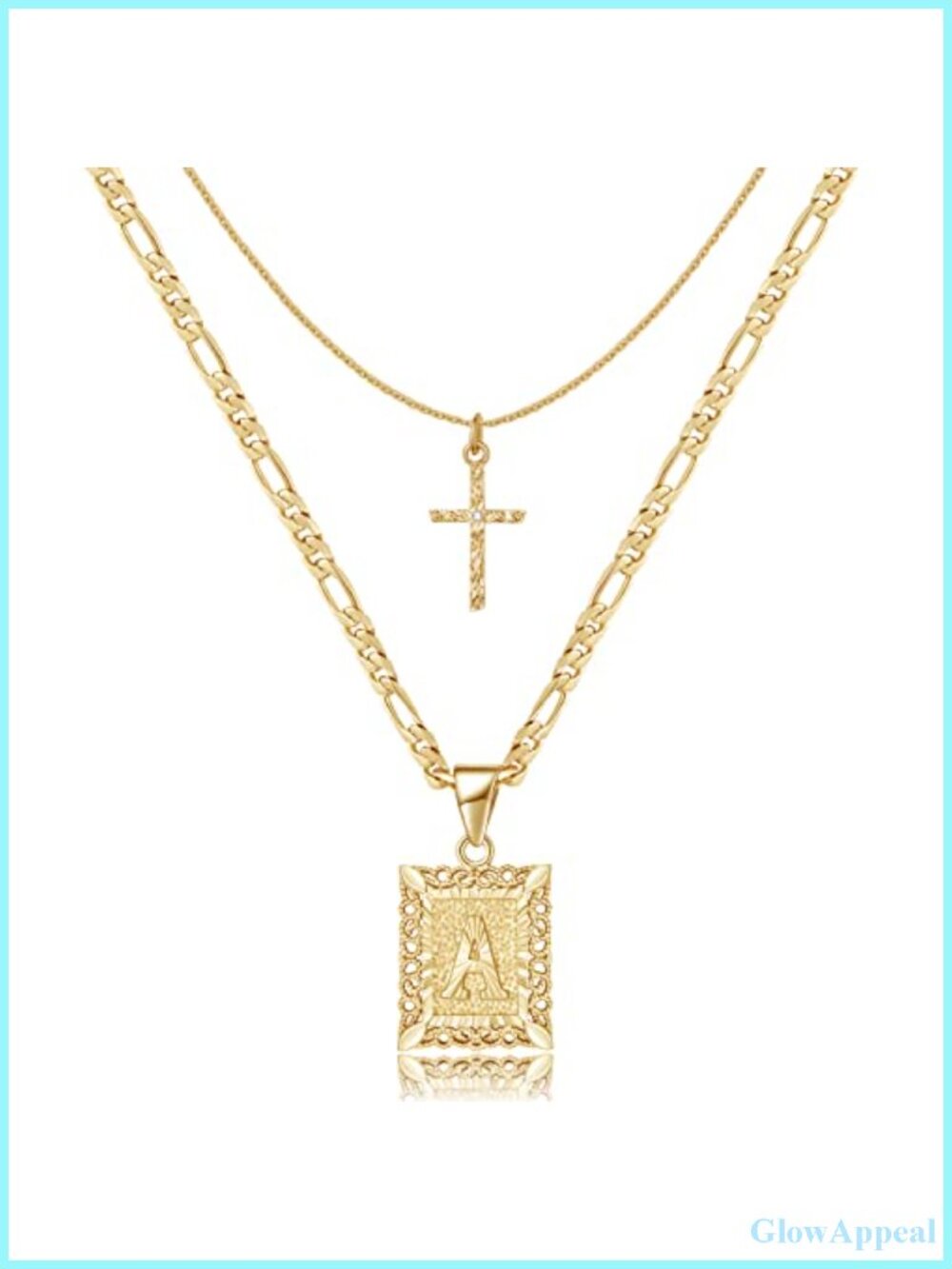 14k Gold Plated Stainless Steel Layered Initial Cross Pendant Necklace